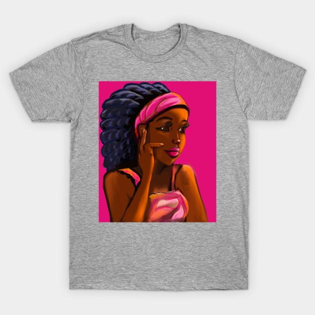 Afro queen in pink headband - Mahagony brown skin girl with thick glorious afro dreadlocks in her hair T-Shirt by Artonmytee